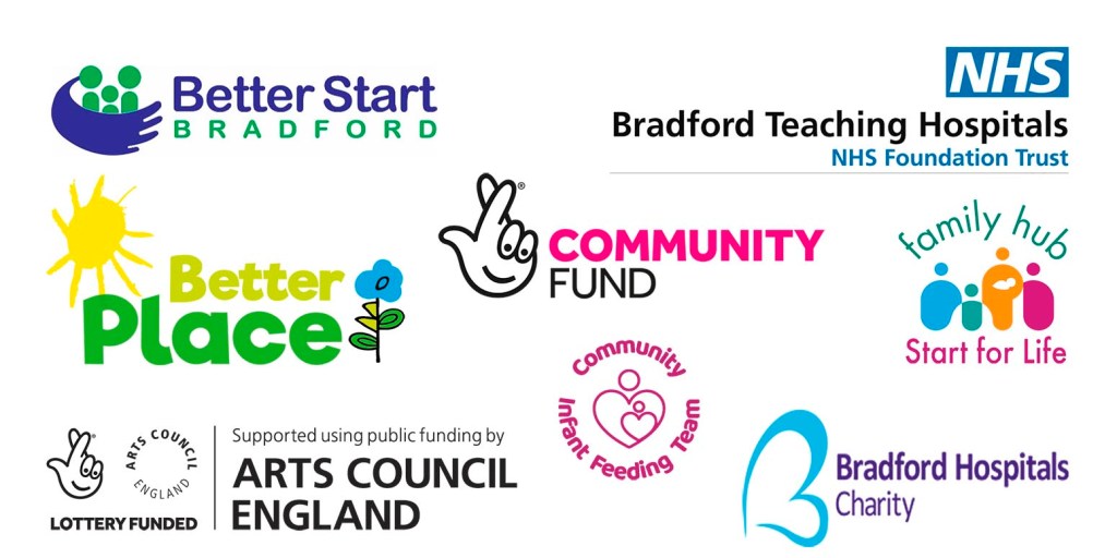 Logo collage featuring various community and health organizations including Better Start Bradford, Better Place, Community Fund, Family Hub Start for Life, and Bradford Hospitals Charity, along with NHS Bradford Teaching Hospitals.